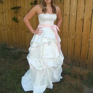 White formal dress with blush sash